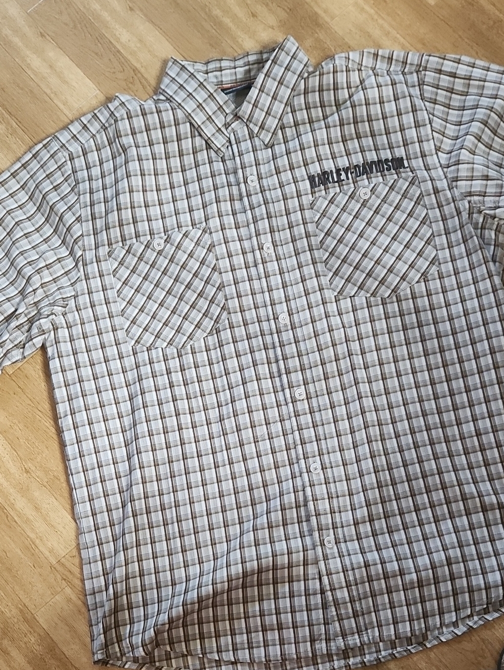 Harley-Davidson Cream and Brown Plaid Short-Sleeve Button-Down Shirt